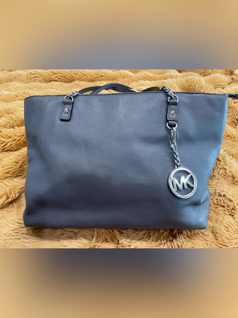 Michael Kors Grey Pebbled Leather Slouchy Tote with Silver Hardware and MK Charm